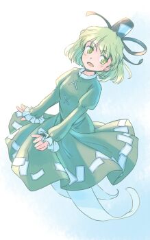 1girl black_hat blush commentary_request dress frilled_sleeves frills full_body ghost_tail green_dress green_eyes green_hair hat juliet_sleeves long_sleeves ofuda ofuda_on_clothes one-hour_drawing_challenge open_mouth puffy_sleeves rangycrow short_hair sideways_glance soga_no_tojiko solo tate_eboshi touhou white_background