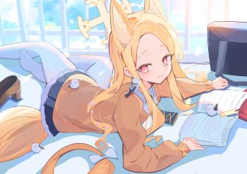 1girl absurdres animal_ear_fluff animal_ears bird black_skirt blonde_hair blue_archive blue_necktie blush book bow brown_jacket brown_shoes commentary cross_halo extra_ears flower forehead fox_ears fox_girl fox_tail hair_flower hair_ornament halo highres jacket loli long-tailed_tit long_hair long_sleeves looking_at_viewer lying necktie on_stomach pantyhose pleated_skirt seia_(blue_archive) shoes skirt sleeves_past_wrists smile solo striped_clothes striped_pantyhose sunlight tail tail_bow tail_ornament tit_(bird) unworn_shoes utakapen vertical-striped_clothes vertical-striped_pantyhose very_long_hair very_long_tail white_bird yellow_eyes yellow_halo