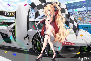 1girl :3 absurdly_long_hair absurdres alternate_costume alternate_hairstyle anklet arm_above_head arm_up artist_name ass beret black_hat black_ribbon black_shorts blonde_hair blue_archive blush breasts buttons car checkered_clothes checkered_flag closed_mouth crossed_bangs detached_collar fingernails flag fluffy_hair full_body gold_ring green_eyes hair_between_eyes hair_ribbon half-closed_eyes halo hat heel_up high_heels highres holding holding_flag huge_filesize jacket jewelry loli long_hair long_sidelocks long_sleeves looking_at_viewer motor_vehicle navel off_shoulder open_clothes open_jacket outdoors ponytail professor_niyaniya_(blue_archive) race_flag race_queen race_vehicle red_jacket ribbon shorts side_ahoge sidelocks slingshot_swimsuit small_breasts smile solo sports_car standing stomach swimsuit thigh_strap thighs tia_(4017342) v vehicle_request very_long_hair yellow_halo