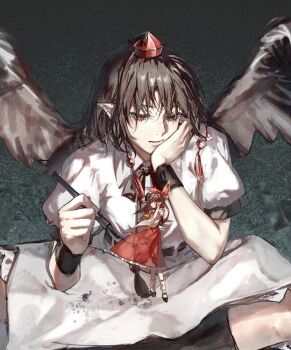 2girls aihara-rina alternate_size ascot bird_wings black_bow black_bowtie black_shoes black_wings bow bowtie brown_hair chinese_commentary closed_mouth collared_shirt commentary_request detached_sleeves frilled_bow frilled_hair_tubes frilled_skirt frills hair_bow hair_tubes hakurei_reimu hat highres holding holding_pen long_hair looking_at_another mini_person minigirl multiple_girls nib_pen_(object) paper pen pointy_ears puffy_short_sleeves puffy_sleeves red_bow red_eyes red_hat red_skirt shameimaru_aya shirt shoes short_sleeves sitting skirt skirt_set socks tokin_hat touhou white_shirt white_socks wings yellow_ascot