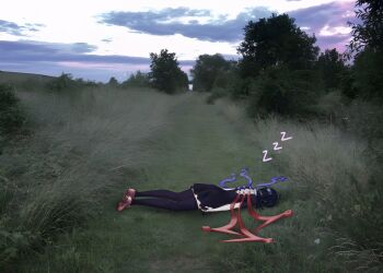 Rule 34 | 1girl, arms at sides, asymmetrical wings, back cutout, black dress, black hair, black thighhighs, clothing cutout, cloud, cloudy sky, commentary, dress, english commentary, full body, grass, highres, houjuu nue, lying, muted color, nue, nunue24, on stomach, outdoors, photo background, red shoes, shoes, short dress, short hair, sky, sleeping, solo, thighhighs, touhou, tree, wide shot, wings, zettai ryouiki, zzz