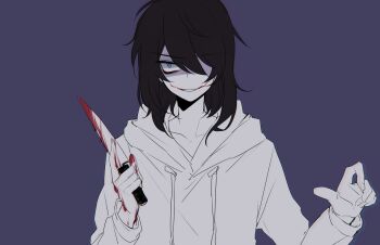 Rule 34 | 1boy, 779762391 (lofter), :d, androgynous, animification, bags under eyes, black hair, blood, blood on hands, bloody knife, blue background, blue eyes, chinese commentary, collarbone, colored skin, commentary request, creepypasta, drawstring, fingernails, flat color, glasgow smile, grin, hair over one eye, hands up, highres, holding, holding knife, hood, hood down, hoodie, jeff the killer, kitchen knife, knife, long sleeves, male focus, medium hair, messy hair, one eye covered, open mouth, puffy long sleeves, puffy sleeves, simple background, smile, solo, straight-on, swept bangs, upper body, white hoodie, white skin