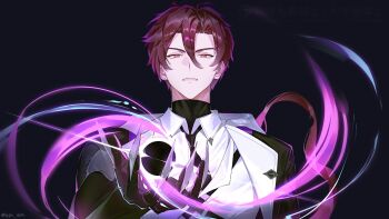 1boy black_background black_coat black_hole bodysuit chaos_zero_nightmare claw_(weapon) coat highres kayron_(chaos_zero_nightmare) long_hair looking_at_viewer male_focus necktie open_clothes open_coat pink_eyes pink_hair shirt solo_focus upper_body weapon white_shirt yjh_ism