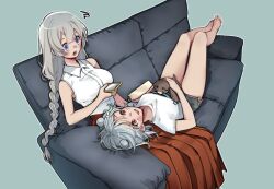 Rule 34 | 2girls, alpaca opo, alternate costume, barefoot, blue eyes, braid, breasts, cellphone, cevio, collared shirt, commentary request, dolphin shorts, double bun, feet out of frame, grey hair, grey shorts, hair bun, highres, holding, holding phone, holding stuffed toy, kizuna akari, koharu rikka, lakiston, lap pillow, large breasts, long hair, long skirt, looking at another, low twin braids, multiple girls, phone, pink eyes, red skirt, shirt, short hair, short shorts, shorts, skirt, sleeveless, sleeveless shirt, smartphone, smile, squiggle, stuffed animal, stuffed toy, synthesizer v, t-shirt, teddy bear, twin braids, v-shaped eyebrows, voiceroid, yuri