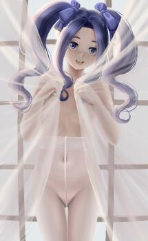 1girl :d backlighting blue_bow blue_eyes blue_hair blush bow breasts covered_navel covering_privates cowboy_shot curtain_grab curtains flat_chest forehead gluteal_fold hair_bow holding indoors loli long_hair looking_at_viewer melty_q_melromarc navel nunemi open_mouth pantyhose parted_bangs see-through_clothes sidelocks small_breasts smile solo standing tate_no_yuusha_no_nariagari teeth thigh_gap twintails upper_teeth_only white_pantyhose window