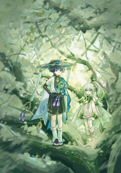 1boy 1girl aqua_gemstone aqua_kimono arm_at_side arm_behind_back armlet bare_shoulders belt black_bow black_eyes black_footwear black_hair black_shorts bloomers blue_cape blue_hat blunt_ends bow bracelet bridal_gauntlets cape closed_mouth cross-shaped_pupils detached_sleeves dress expressionless feathers floating fringe_trim full_body furisode gem genshin_impact gold gold_trim green_cape green_eyes green_hair green_sleeves hair_intakes hair_ornament hakama hakama_shorts han&#039;eri hand_on_own_chest hand_on_own_hip hat height_difference highres japanese_clothes jewelry jingasa kimono layered_clothes layered_kimono leaf leaf_hair_ornament leg_warmers levitation liuyun_(liuyun73492) looking_at_another looking_at_viewer looking_down multicolored_hair nahida_(genshin_impact) on_tree open_clothes open_hand open_kimono pleated_shorts pointy_ears pom_pom_(clothes) purple_belt sandals scaramouche_(genshin_impact) short_sleeves shorts side_ponytail sidelocks standing stirrup_footwear stirrup_legwear streaked_hair symbol-shaped_pupils tassel toeless_footwear toeless_legwear toes twitter_username underwear vision_(genshin_impact) wanderer_(genshin_impact) white_bloomers white_dress white_hair white_kimono white_leg_warmers white_sleeves white_trim yellow_feathers zouri