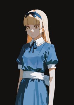 1girl alice_(megami_tensei) bilingual_commentary black_background blonde_hair blue_bow blue_dress blue_hairband blunt_bangs bow bow_hairband closed_mouth commentary commentary_request demon_(megami_tensei) dress english_commentary h4sh1rnoto hairband highres long_hair looking_ahead mixed-language_commentary shaded_face shin_megami_tensei short_sleeves solo standing upper_body yellow_eyes