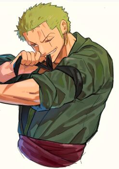 Rule 34 | 1boy, bandana around arm, cropped torso, earrings, green hair, green kimono, hashtag-only commentary, highres, japanese clothes, jewelry, kimono, komucom03, male focus, mouth hold, multiple earrings, one eye closed, one piece, parted lips, purple sash, roronoa zoro, sash, scar, scar across eye, scar on face, short hair, simple background, sleeves rolled up, solo, teeth hold, upper body