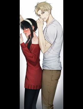 1boy 1girl absurdres bare_shoulders black_hair blush breasts dress earrings gold_earrings hairband highres husband_and_wife jewelry large_breasts long_hair open_mouth red_eyes red_sweater shirt short_hair sidelocks spy_x_family sweater twilight_(spy_x_family) white_hairband yor_briar yslloq