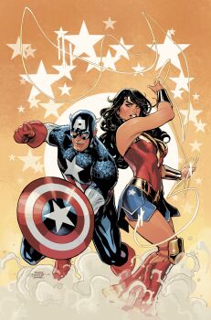 1boy 1girl artist_collaboration black_hair blue_bodysuit blue_eyes blue_skirt bodysuit boots bracer captain_america clenched_hand crossover dc_comics gloves highres holding holding_lasso holding_shield lasso lasso_of_truth long_hair looking_at_viewer marvel rachel_dodson red_boots red_gloves shield signature skirt sleeveless star_(symbol) terry_dodson tiara wonder_woman