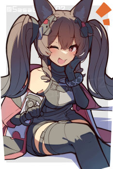 Rule 34 | 1girl, ;d, angelina (arknights), animal ears, arknights, arknights: endfield, bare shoulders, black gloves, black thighhighs, blush, border, bright pupils, brown eyes, brown hair, commentary, elbow gloves, gilberta (arknights), gloves, hair between eyes, hand in own hair, highres, index finger raised, infection monitor (arknights), long hair, notice lines, off shoulder, one eye closed, open mouth, outside border, smile, solo, tetenka, thighhighs, twitter username, watermark, white border, white pupils