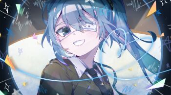 1girl black_necktie blue_eyes blue_hair collared_shirt eyepatch grin hatsune_miku highres long_hair looking_at_viewer monitoring_(vocaloid) necktie open_mouth shirt sia_6767 smile solo teeth upper_body vocaloid white_shirt