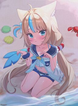 Rule 34 | 1girl, :<, absurdres, ahoge, animal ear fluff, animal ears, beach, bikini, bikini under clothes, blonde hair, blue bikini, blue eyes, blue sailor collar, blue scrunchie, blue streaks, blunt bangs, blush, claw pose, collarbone, commentary, crab, dress, fins, fish girl, fish tail, frilled bikini, frilled sailor collar, frills, highres, indie virtual youtuber, lifebuoy hair ornament, long hair, low twintails, midriff, multicolored hair, navel, one side up, paper boat, riku pam, sailor collar, sailor dress, sameko saba, sameko saba (1st costume), scrunchie, seashell, shell, shorts, sitting, streaked hair, striped bikini, striped clothes, swimsuit, symbol-only commentary, tail, thighs, twintails, very long hair, virtual youtuber, wariza, white dress, white shorts, wrist scrunchie