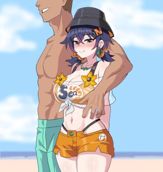 1boy 1girl aqua_male_swimwear arm_around_shoulder beach belle_(summer_skies)_(zenless_zone_zero) belle_(zenless_zone_zero) bikini bikini_top_under_shirt bikini_under_clothes black_hat blue_hair blurry blurry_background blush breasts bucket_hat cleavage closed_mouth commentary cowboy_shot earrings green_eyes grin hair_ornament hat hetero highres jewelry large_breasts letter_hair_ornament looking_at_viewer male_swimwear midriff navel necklace official_alternate_costume orange_bikini orange_shorts print_shirt see-through_clothes see-through_shirt shirt short_hair short_shorts shorts smile standing swimsuit tied_shirt topless_male zenless_zone_zero zzminguzz
