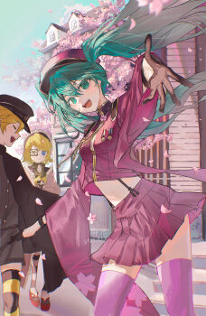1boy 2girls :d absurdres aqua_hair black_gloves black_hat blonde_hair blue_eyes cherry_blossoms day eyepatch floating_hair gloves green_eyes hair_between_eyes hat hatsune_miku highres jacket kagamine_len kagamine_rin long_hair long_sleeves looking_at_viewer midriff miniskirt multiple_girls navel open_mouth outdoors pink_hat pink_jacket pink_skirt pink_thighhighs pleated_skirt pye_yyy senbonzakura_(vocaloid) short_hair skirt smile solo_focus stomach suspender_skirt suspenders thighhighs twintails very_long_hair vocaloid wide_sleeves zettai_ryouiki