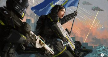 1girl 2boys absurdres aiming assault_rifle backpack bag black_hair bullpup cape cityscape countdown_timer energy_gun flag grey_eyes gun headset helldiver_(helldivers) helldivers_(series) helmet highres holding holding_flag impasto multiple_boys orange_sky plasma_rifle rifle scope short_hair skull sky spacecraft tree weapon wrist_computer xianggang_jizhe