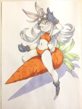 1girl animal_ears animal_nose arm_up black_boots black_gloves body_fur boots breasts carrot commentary crop_top floating full_body furry furry_female gloves goggles goggles_on_head grey_eyes grey_hair highres long_hair navel on_food one_eye_closed orange_panties orange_shirt original oversized_food oversized_object panties peter_salt rabbit_ears rabbit_girl rabbit_tail shirt sleeveless sleeveless_shirt small_breasts solo tail traditional_media underwear very_long_hair white_fur