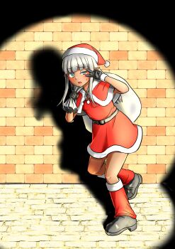 Rule 34 | 1girl, absurdres, belt, black belt, black boots, black gloves, blunt bangs, blush, boots, brick wall, capelet, dark-skinned female, dark elf, dark skin, dress, elf, fur-trimmed capelet, fur-trimmed dress, fur-trimmed headwear, fur-trimmed leg warmers, fur trim, gift bag, gloves, grey hair, half-closed eye, hat, highres, karla (kono healer mendokusai), kono healer mendokusai, leg warmers, long hair, looking at viewer, official art, open mouth, over shoulder, pointy ears, red capelet, red dress, red hat, red leg warmers, santa costume, santa hat, shadow, short dress, solo, spotlight, tannen ni hakkou, uneven eyes, v, v over eye, white bag