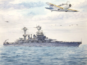 anti-aircraft anti-aircraft_gun atelier_bono battleship casemate cloud cloudy_sky commentary_request flying highres mast military military_vehicle no_humans ocean original painting_(medium) roundel sailing ship ship_turret sky smokestack tbd_devastator traditional_media united_states_navy uss_california_(bb-44) warship watercolor_(medium) watercraft