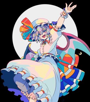 1girl bat_wings grey_hair hat highres mizuki_tsukimori mob_cap moon moon_behind_head open_mouth puffy_short_sleeves puffy_sleeves remilia_scarlet shirt short_hair short_sleeves skirt solo touhou white_hat white_shirt white_skirt wings wrist_cuffs