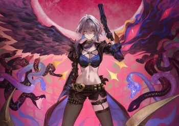 1girl absurdres asymmetrical_wings black_gloves black_jacket black_pantyhose black_shorts black_thighhighs blue_bra bra breasts colored_inner_hair cropped cropped_jacket daniel_deng feathered_wings galbrena_(wuthering_waves) gloves grey_hair gun hair_between_eyes hand_up highres holding holding_gun holding_weapon jacket looking_at_viewer medium_breasts medium_hair mismatched_wings multicolored_hair navel pantyhose purple_eyes short_shorts shorts single_leg_pantyhose single_thighhigh stomach thigh_strap thighhighs underwear weapon wings wuthering_waves