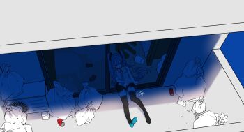 1girl absurdres air_conditioner aqua_eyes aqua_hair aqua_necktie balcony black_boots black_skirt boots can drink_can eiku hair_ornament hatsune_miku high_contrast highres leaning_on_object long_hair messy_room miniskirt necktie on_floor open_door shirt signature skirt sleeveless sleeveless_shirt thigh_boots trash_bag trash_can twintails very_long_hair vocaloid wide_shot