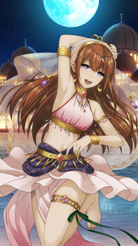 1girl :d archived_source arm_up armlet armpits bare_shoulders barefoot blue_eyes bracelet brown_hair cowboy_shot crop_top dancer earrings full_moon game_cg hair_between_eyes halterneck highres hoop_earrings huke jewelry long_hair looking_at_viewer makise_kurisu midriff moon navel night night_sky official_alternate_costume official_art open_mouth pelvic_curtain science_adventure sky sleeveless smile solo steins;gate straight_hair teeth thighlet third-party_source upper_teeth_only veil water