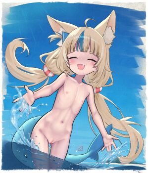 1girl absurdres ahoge animal_ear_fluff animal_ears blonde_hair blue_hair blush breasts cat_ears closed_eyes completely_nude elementary_(lolipope) fang fins fish_girl fish_tail gluteal_fold groin highres indie_virtual_youtuber loli long_hair low_twintails multicolored_hair navel nipples nude open_mouth outdoors pussy sameko_saba small_breasts smile solo splashing stomach streaked_hair tail thigh_gap thighs twintails virtual_youtuber wading water