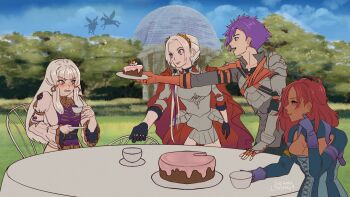 1boy 3girls annoyed armor blonde_hair blue_sky blunt_bangs blush breasts cake cape chair cleavage commentary cup dress edelgard_von_hresvelg embarrassed english_commentary fire_emblem fire_emblem:_three_houses fire_emblem_warriors:_three_hopes food from_side grass hair_over_one_eye hapi_(fire_emblem) happy headpiece highres holding holding_cup holding_plate large_breasts light_blush light_smile litten9art long_hair long_sleeves looking_at_another looking_to_the_side low_ponytail lysithea_von_ordelia lysithea_von_ordelia_(timeskip) male_shez_(fire_emblem) multiple_girls nintendo open_mouth outdoors parted_bangs pink_hair plate ponytail puffy_long_sleeves puffy_sleeves purple_eyes purple_hair red_cape shade shoulder_armor sidelocks sitting sky smile standing sweets table teacup tree upper_body wide_sleeves