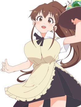 1girl apron black_bow black_bowtie black_skirt bluearcadegames bow bowtie breasts brown_eyes brown_hair choppy_bangs cup drinking_glass drinking_straw food high_ponytail highres holding holding_tray ice_cream ice_cream_float large_breasts ponytail shirt skirt taneshima_popura tray wagnaria_uniform white_background white_shirt working!! yellow_apron