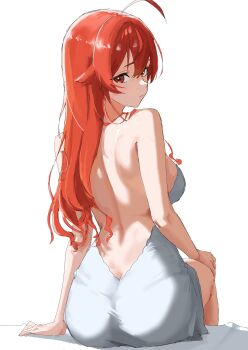 1girl absurdres ahoge alternate_costume arm_support ass back backless_dress backless_outfit bare_back bare_shoulders bed_sheet breasts butt_crack closed_mouth commentary_request dress eris_greyrat from_behind hand_on_own_knee highres large_breasts long_hair looking_at_viewer looking_back median_furrow mushoku_tensei red_eyes red_hair rkgktomato shoulder_blades simple_background sitting solo white_background white_dress