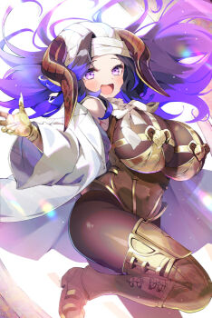 Rule 34 | 1girl, :d, armor, bikini armor, black bodystocking, black hair, blue hair, blush, breasts, commentary, draph, framed breasts, full body, gold trim, granblue fantasy, highres, horns, horns through headwear, huge breasts, lab coat, long hair, looking at viewer, multicolored hair, open mouth, orologia (female), pilokey, purple eyes, robe, smile, solo, turban, two-tone hair, white robe, white turban