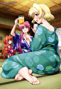 Rule 34 | :q, absurdres, ahoge, alcohol, ass, barefoot, beer, blue eyes, blush, braid, breasts, choko (cup), cleavage, cup, drinking glass, drunk, feet, hashidate kana, highres, indoors, japanese clothes, kimono, long hair, looking at viewer, lyrical nanoha, mahou shoujo lyrical nanoha, mahou shoujo lyrical nanoha a's, medium breasts, megami magazine, mug, multiple girls, no bra, official art, open clothes, open mouth, open shirt, orange hair, pink hair, ponytail, red hair, shamal, signum, sitting, soles, tatami, toes, tongue, tongue out, twin braids, vita (nanoha), yukata