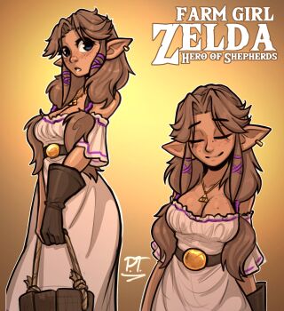 Rule 34 | 1girl, absurdres, bare shoulders, belt, blush, body freckles, breasts, brown hair, bucket, cleavage, dress, ear piercing, freckles, gloves, highres, jewelry, jpt arts, long hair, low twintails, necklace, nintendo, piercing, pointy ears, princess zelda, smile, the legend of zelda, triforce, twintails