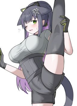 1girl absurdres arknights black_gloves black_hair blush breasts flying_sweatdrops gloves green_eyes grey_shirt grey_shorts grey_thighhighs highres jessica_(arknights) jessica_the_liberated_(arknights) large_breasts leg_up long_hair looking_at_viewer multicolored_hair open_mouth ponytail purple_hair shirt short_sleeves shorts simple_background small_sweatdrop solo spam_(spamham4506) split standing standing_on_one_leg standing_split sweat thighhighs two-tone_hair underwear very_long_hair white_background