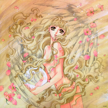 1girl absurdres angel angel_wings blonde_hair brown_eyes censored cherry_blossoms clamp convenient_censoring curly_hair earth_(planet) female_focus flower hair_censor highres holding lips long_hair monou_kotori navel nude official_art petals planet scan sepia solo very_long_hair wavy_hair wings x_(manga)