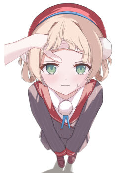 1girl 1other absurdres beret blonde_hair blurry blush brown_shoes closed_mouth collared_shirt commentary_request depth_of_field disembodied_hand from_above frown gokoupasuta green_eyes grey_jacket grey_skirt hair_ornament hair_rings hand_on_another&#039;s_forehead hat highres indie_virtual_youtuber jacket loafers looking_at_viewer pleated_skirt pom_pom_(clothes) pom_pom_hair_ornament red_hat red_sailor_collar sailor_collar shigure_ui_(1st_costume)_(vtuber) shigure_ui_(vtuber) shirt shoes short_hair simple_background skirt solo_focus striped_clothes striped_jacket striped_skirt sweatdrop v_arms vertical-striped_clothes vertical-striped_jacket vertical-striped_skirt virtual_youtuber wavy_hair white_background white_shirt