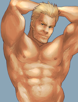 1boy abs armpit_hair armpits arms_up bara bare_pectorals beard_stubble biceps blonde_hair blue_background blue_eyes cid_highwind closed_mouth commentary_request facial_hair final_fantasy final_fantasy_vii looking_at_viewer magnum_feering male_focus muscular muscular_male navel nipples pectorals smile stubble topless_male
