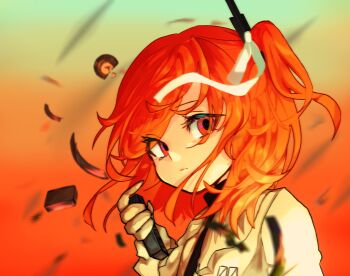 Rule 34 | adachi rei, cassette tape, commentary, frown, gradient background, hair ornament, highres, hijikinori, holding, holding cassette, iyowa girls, looking at viewer, netsu ijou (utau), orange background, orange eyes, orange hair, shirt, simple background, twintails, utau, yellow background