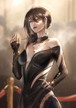 1girl abstract_background alternate_costume asymmetrical_hair bare_shoulders black_collar black_dress black_nails black_sleeves blue_gemstone breasts breasts_apart brown_hair brown_lips chain chain_necklace clothing_cutout collar colorful_background deren_(eclat_eminence)_(path_to_nowhere) deren_(path_to_nowhere) detached_collar detached_sleeves dress earrings eyeshadow floating_earrings gem gold_bar gold_earrings gold_necklace gold_trim green_gemstone grey_eyes hair_behind_ear hair_between_eyes hair_over_shoulder hand_up highres jewelry light_smile lips lipstick looking_at_viewer makeup mature_female medium_breasts medium_hair multiple_necklaces nail_polish narrow_waist necklace official_alternate_costume path_to_nowhere red_sash sash single_earring sleeves_past_wrists solo strapless strapless_dress yohka