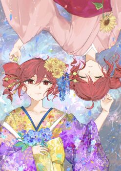 2girls ahoge alternate_costume blue_kimono closed_eyes collarbone drill_hair dual_persona fingernails flat_chest floral_print floral_print_kimono flower hair_between_eyes hair_flower hair_ornament hair_stick hand_up highres holding japanese_clothes kasane_teto kimono koppan looking_at_viewer lying lying_on_water multicolored_kimono multiple_girls on_back pink_kimono print_kimono purple_kimono rain red_eyes red_hair red_kimono red_nails straight-on sunflower twin_drills upper_body upside-down utau yellow_kimono yoshiwara_lament_(utau)