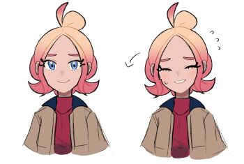1girl arrow_(symbol) blonde_hair blue_eyes blush brown_jacket closed_eyes closed_mouth gradient_hair hair_bun highres jacket long_sleeves looking_at_viewer multicolored_hair nintendo open_clothes open_jacket open_mouth pink_hair pokemon pokemon_legends:_z-a primal_lazuli red_shirt ribbed_shirt shirt simple_background smile sweatdrop taunie_(pokemon) turtleneck upper_body white_background