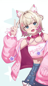 1girl :d absurdres animal_ear_fluff animal_ears blonde_hair blue_eyes blue_skirt braid camisole clothes_writing collar commentary denim denim_skirt dog_ears dog_girl fangs frilled_camisole frills fur-trimmed_skirt fur_trim hair_intakes hair_ornament hand_up highres hololive hololive_english hood hooded_jacket jacket looking_at_viewer mcking midriff mococo_abyssgard mococo_abyssgard_(casual) official_alternate_costume official_alternate_hairstyle open_mouth pink_collar pink_jacket pink_streaks short_hair side_braids skin_fangs skirt smile solo two_side_up v virtual_youtuber white_camisole x_hair_ornament
