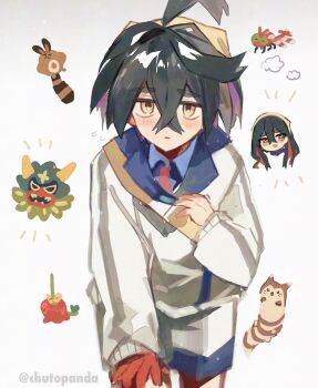 Rule 34 | 1boy, ahoge, ba kanoko, black hair, blue shirt, blueberry academy school uniform, carmine (pokemon), collared shirt, colored inner hair, crossed bangs, dipplin, doodle inset, dot nose, furret, gen 2 pokemon, gloves, hair between eyes, hairband, hand on own chest, hand on own thigh, highres, jacket, kieran (pokemon), leaning forward, looking at viewer, male focus, mole, mole on neck, mole under eye, multicolored hair, nintendo, ogerpon, ogerpon (teal mask), parted lips, pokemon, pokemon (creature), pokemon sv, purple hair, red gloves, school uniform, sentret, shirt, short hair, shorts, signature, single glove, triangle mouth, two-tone hair, white background, white jacket, white shorts, yanma, yellow bag, yellow eyes, yellow hairband