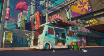 3d 3dlix atm building city cityscape commentary cup day english_commentary english_text food graffiti highres motor_vehicle no_humans original outdoors power_lines road scenery science_fiction sign sky street table translation_request underpass unreal_engine_(medium) urban utility_pole window