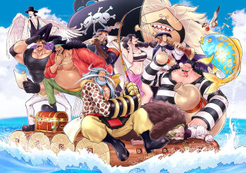 1girl 6+boys abs alcohol aqua_hair aura avalo_pizarro beard bikini black_hair blackbeard blonde_hair blue_sky breasts catarina_devon cigar coat devil_fruit doc_q earrings eating everyone evil_smile facial_hair fake_horns fat fat_man fish fishing fishing_rod flying glasses grin hat highres holding holding_sword holding_weapon hook_hand hoop_earrings horns horse jesus_burgess jewelry lafitte_(one_piece) looking_at_viewer lying marshall_d._teach military_hat multiple_boys muscular necklace ocean one_piece open_mouth pale_skin pectorals piercing pirate prison_clothes purple_hair sanjuan_wolf sash scope shiryuu_(one_piece) sick size_difference sky smile smoke smoking striped_bikini striped_clothes stronger_(one_piece) stubble swimsuit sword teeth treasure_chest twitter_username van_augur vasco_shot water weapon wings wrestler youkan_(tako)