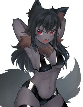 1girl animal_ear_fluff animal_ears armpits arms_behind_head bikini black_bikini black_hair breasts colored_skin commentary cowboy_shot crossed_bangs dog_ears dog_girl dog_tail english_commentary fang grey_skin hair_between_eyes hellhound_(monster_girl_encyclopedia) highres large_breasts leiden_yaegore long_hair looking_at_viewer monster_girl monster_girl_encyclopedia monster_girl_encyclopedia_ii navel open_mouth red_eyes simple_background solo swimsuit tail white_background