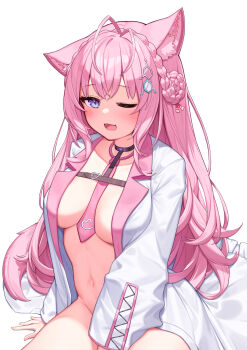 1girl ;d absurdres animal_ear_fluff animal_ears antenna_hair between_legs black_choker blush braid braided_bun breasts breasts_apart choker crown_braid deaver fang hair_bun hair_ornament hakui_koyori hakui_koyori_(1st_costume) hand_between_legs highres hololive lab_coat large_breasts long_hair long_sleeves looking_at_viewer naked_lab_coat navel necktie one_eye_closed open_clothes open_mouth pink_hair pink_necktie purple_eyes simple_background sitting smile solo very_long_hair virtual_youtuber white_background wolf_ears