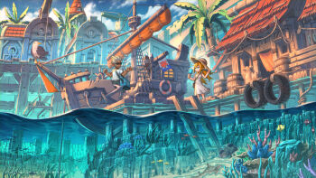 1boy 1girl bag bird blue_eyes building coral crane_(machine) dark-skinned_male dark_skin day dock dress fish hat highres long_hair nagi_itsuki orange_hair original palm_tree pointy_ears sailing_ship satchel scenery seabird seagull shark ship sky standing sundress sunglasses tree unused_tire water watercraft white_hair wide_shot