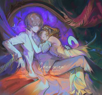 1boy 1girl bare_shoulders bridal_gauntlets brown_hair calyx_(ff14) commentary commission crossed_legs english_commentary final_fantasy final_fantasy_xiv gloves green_eyes grey_hair hand_on_another&#039;s_back highres hospital_gown hyur lab_coat looking_at_another looking_at_viewer medium_hair reneelric short_hair sitting smirk sphene_(ff14) watermark white_eyes white_gloves